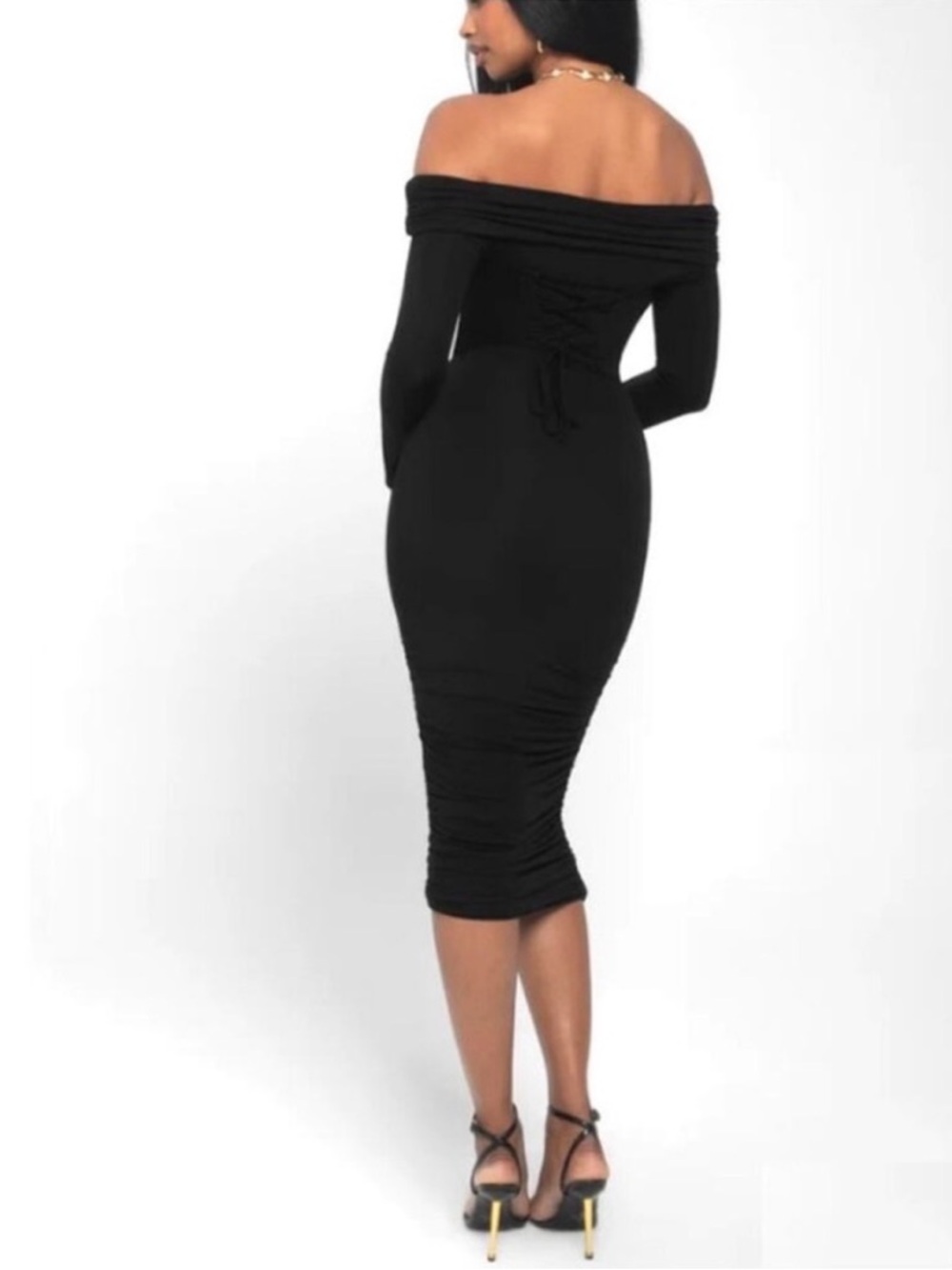 NWT TA3 Shapey Off Shoulder Ruched Black Midi Dress Corset Back Long Sleeve S - Picture 7 of 7